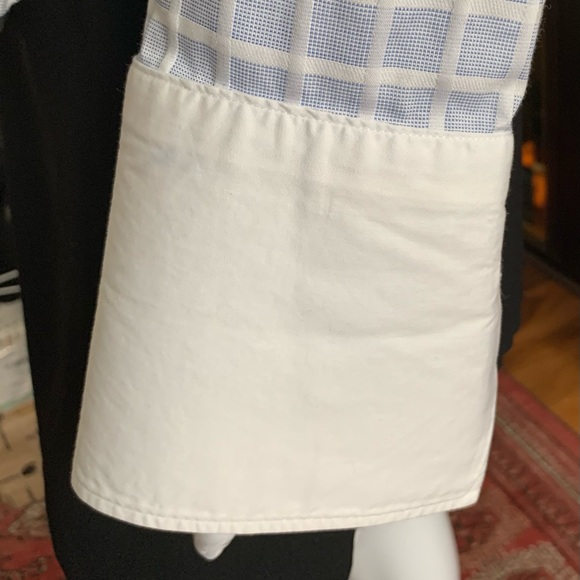 Blue & white check pattern button up cotton dress shirt white collar French cuff - Picture 10 of 16